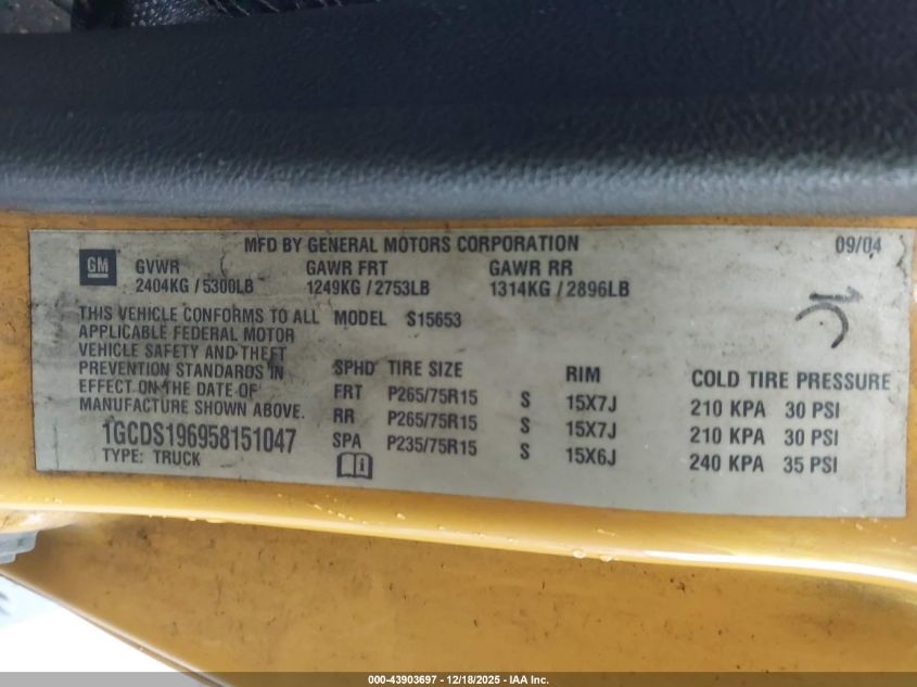 2005 Chevrolet Colorado Ls VIN: 1GCDS196958151047 Lot: 43903697