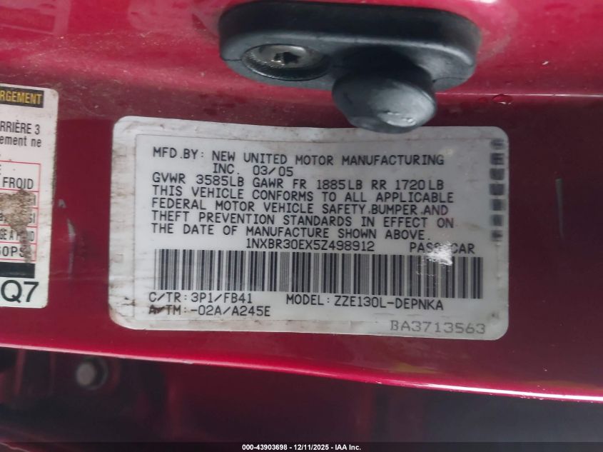 2005 Toyota Corolla Le VIN: 1NXBR30EX5Z498912 Lot: 43903698