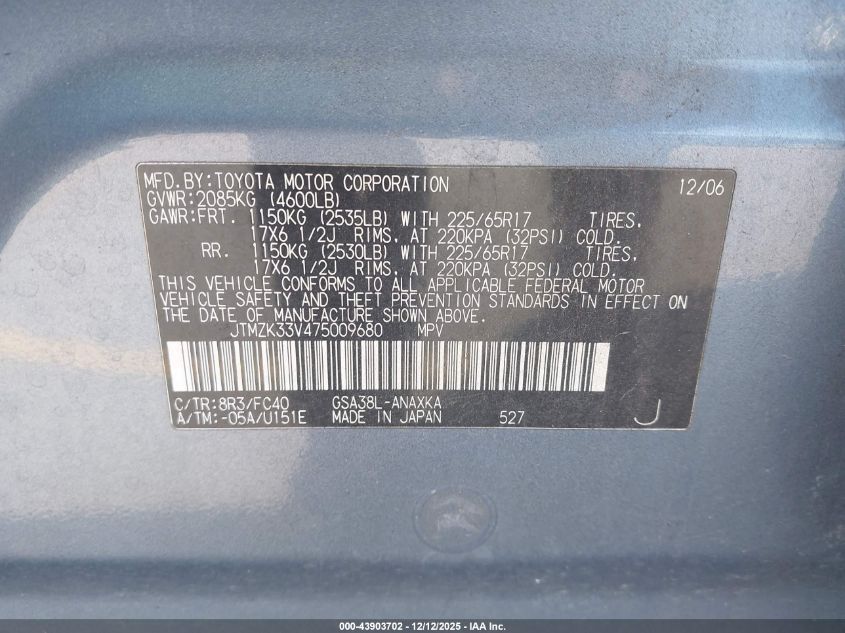 2007 Toyota Rav4 Base V6 VIN: JTMZK33V475009680 Lot: 43903702