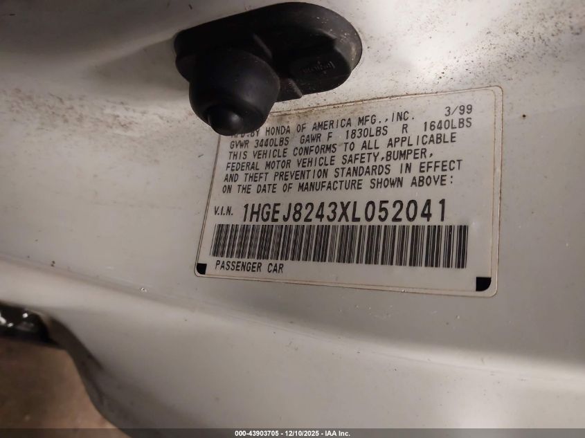 1999 Honda Civic Ex VIN: 1HGEJ8243XL052041 Lot: 43903705