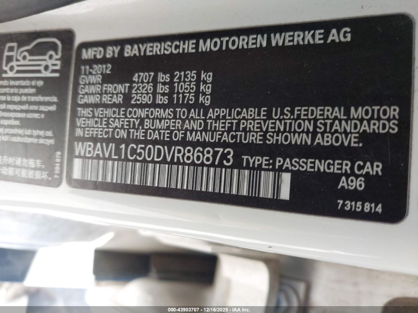 2013 BMW X1 xDrive28I VIN: WBAVL1C50DVR86873 Lot: 43903707