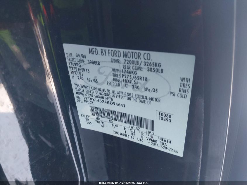 2004 Ford F-150 Fx4/Lariat/Xl/Xlt VIN: 1FTPX145X4KD94641 Lot: 43903712