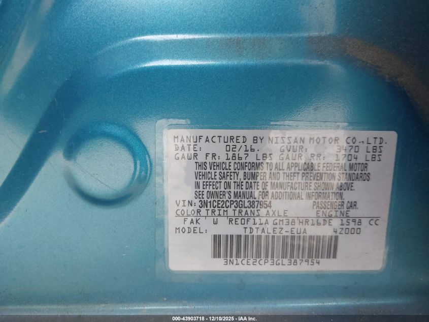 2016 Nissan Versa Note Sl VIN: 3N1CE2CP3GL387954 Lot: 43903718