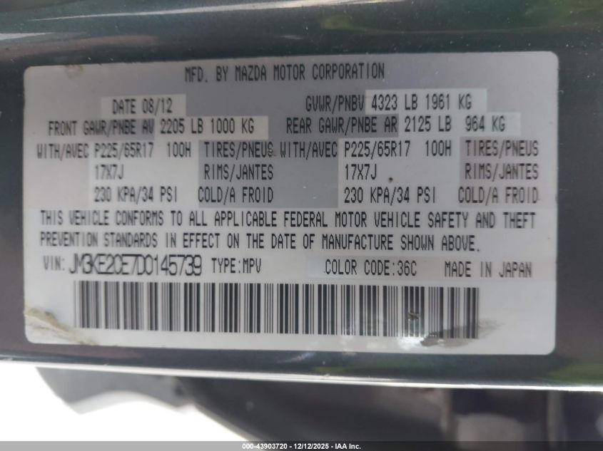 2013 Mazda Cx-5 Touring VIN: JM3KE2CE7D0145739 Lot: 43903720