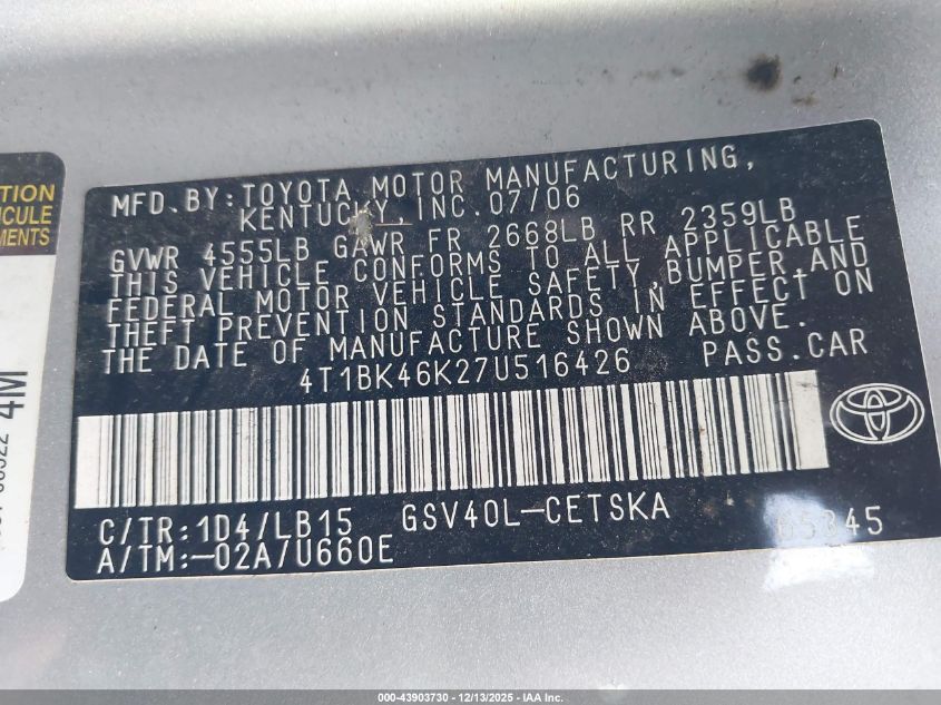 2007 Toyota Camry Se V6 VIN: 4T1BK46K27U516426 Lot: 43903730