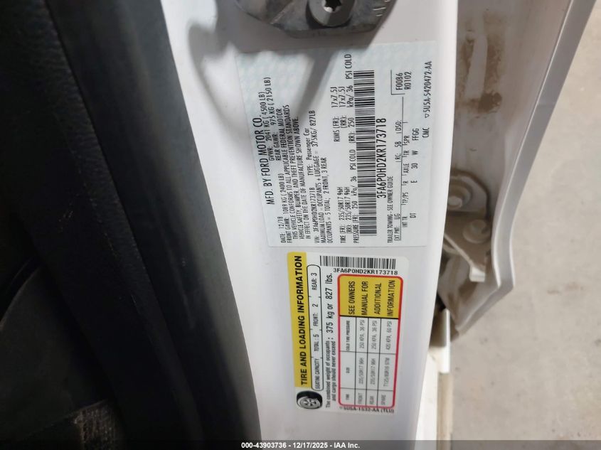 2019 Ford Fusion Se VIN: 3FA6P0HD2KR173718 Lot: 43903736