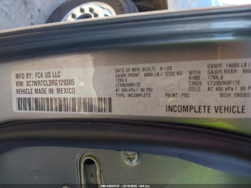 2024 Ram 3500 Chassis Tradesman/Slt/Laramie/Limited VIN: 3C7WRTCL3RG129305 Lot: 43903747