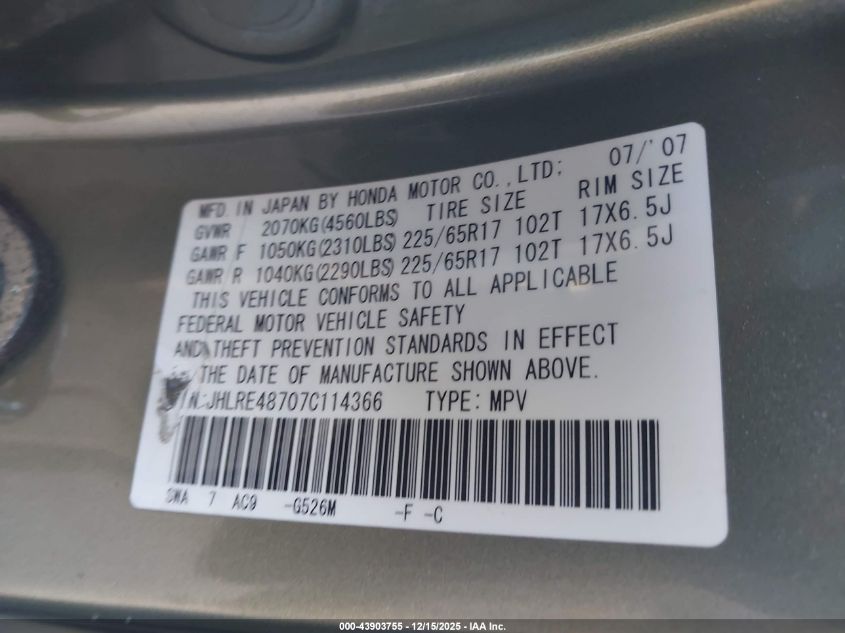2007 Honda Cr-V Ex-L VIN: JHLRE48707C114366 Lot: 43903755