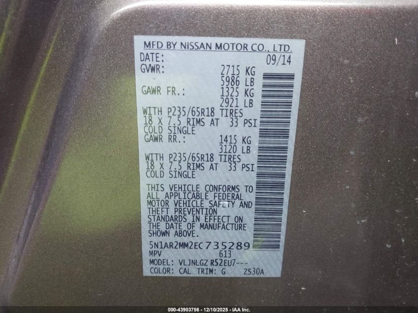2014 Nissan Pathfinder Sl VIN: 5N1AR2MM2EC735289 Lot: 43903756
