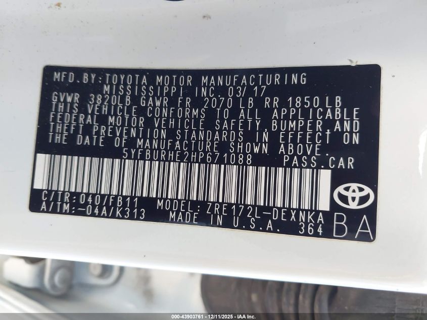 2017 Toyota Corolla Le VIN: 5YFBURHE2HP671088 Lot: 43903761