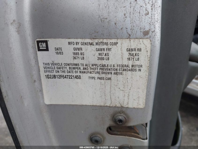 2004 Pontiac Sunfire VIN: 1G2JB12F647221450 Lot: 43903765