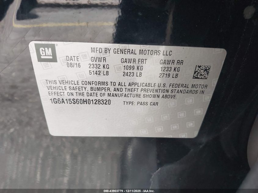 2017 Cadillac Cts-V VIN: 1G6A15S60H0128320 Lot: 43903779