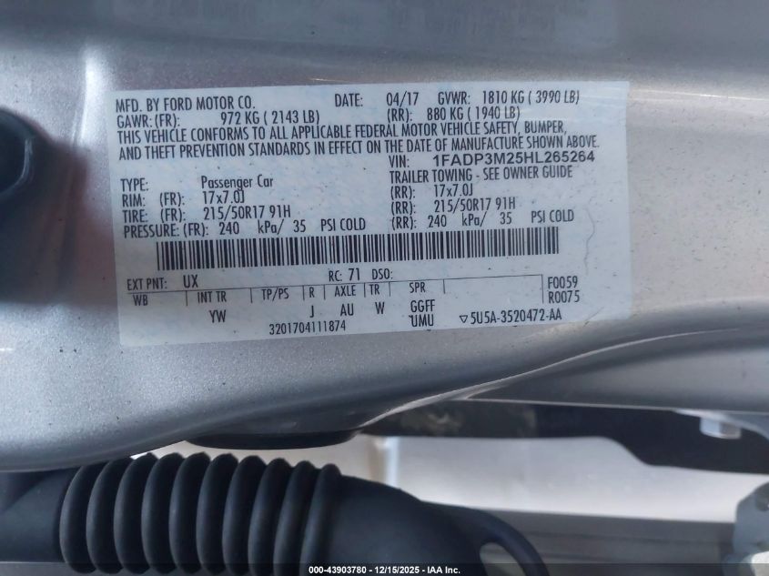 2017 Ford Focus Sel VIN: 1FADP3M25HL265264 Lot: 43903780