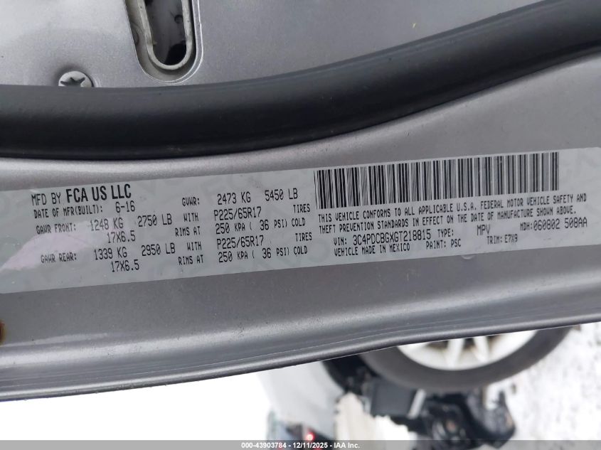 2016 Dodge Journey Sxt VIN: 3C4PDCBGXGT218815 Lot: 43903784