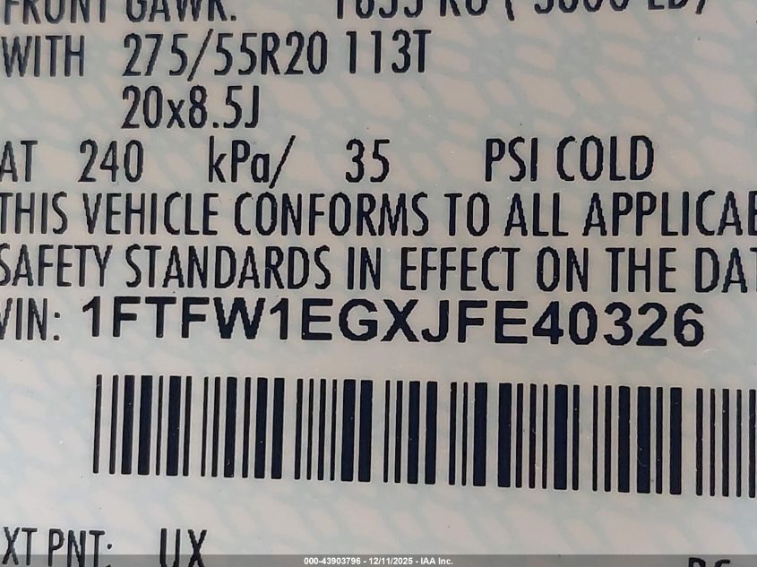 2018 Ford F-150 Xlt VIN: 1FTFW1EGXJFE40326 Lot: 43903796