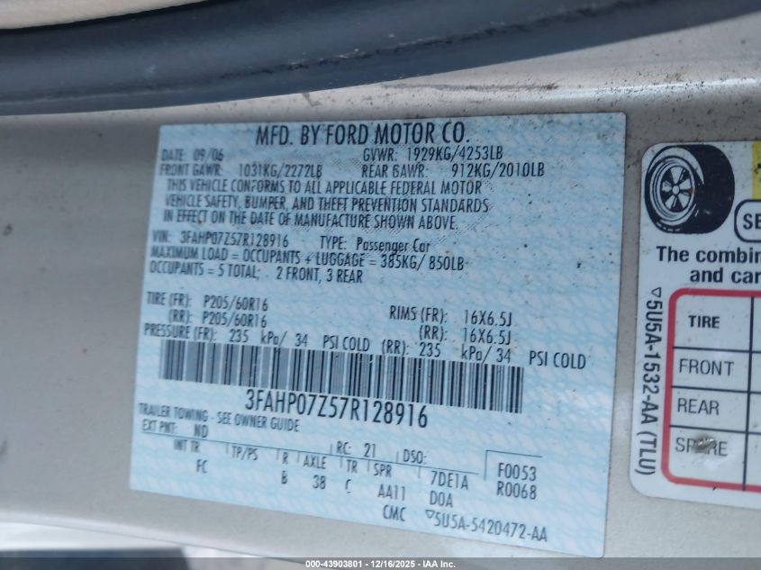 2007 Ford Fusion Se VIN: 3FAHP07Z57R128916 Lot: 43903801