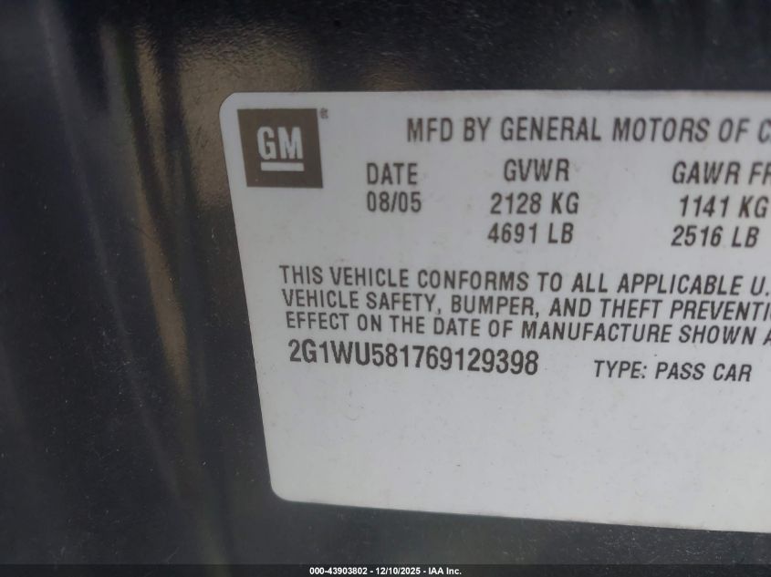 2006 Chevrolet Impala Ltz VIN: 2G1WU581769129398 Lot: 43903802