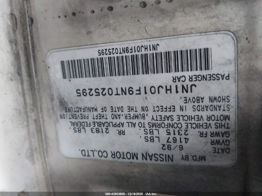 1992 Nissan Maxima VIN: JNHJ01F9NT025295 Lot: 43903805