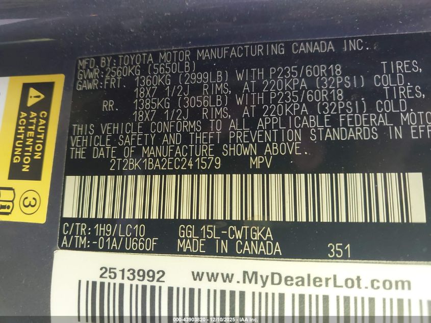 2014 Lexus Rx 350 VIN: 2T2BK1BA2EC241579 Lot: 43903820