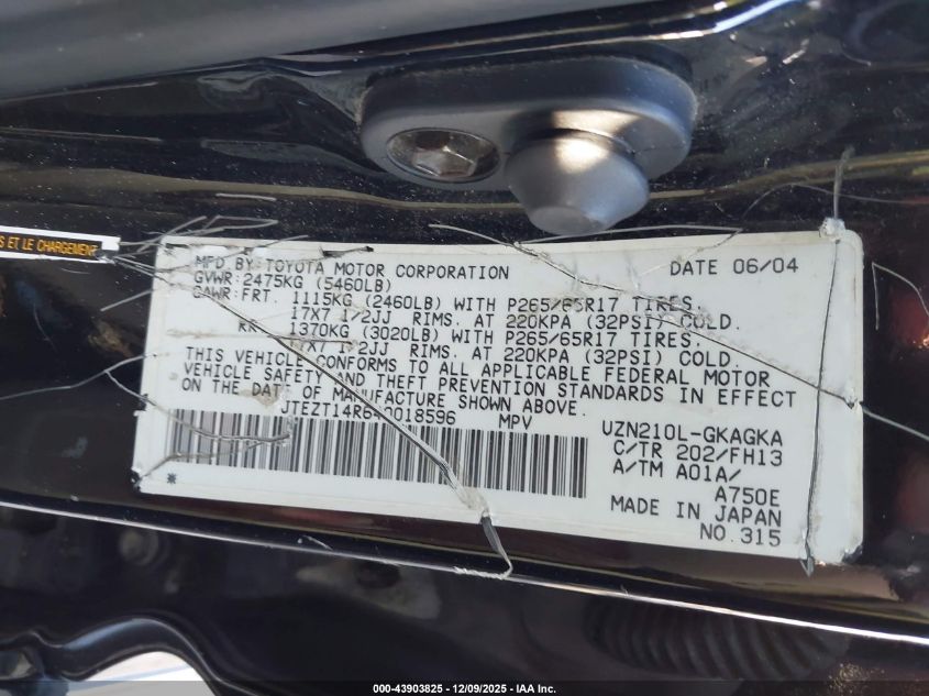 2004 Toyota 4Runner Sr5 Sport V8 VIN: JTEZT14R640018596 Lot: 43903825