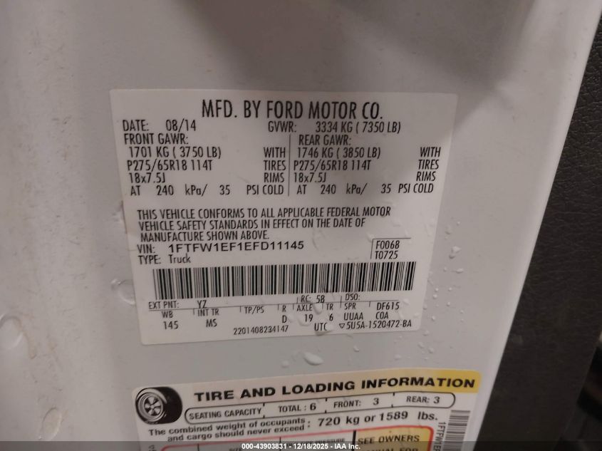 2014 Ford F-150 Xlt VIN: 1FTFW1EF1EFD11145 Lot: 43903831