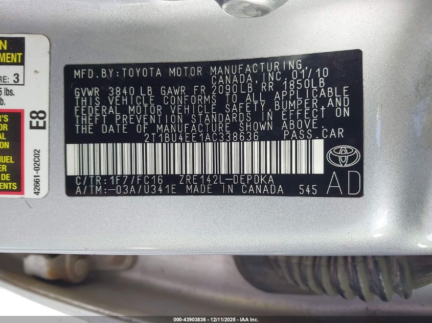 2010 Toyota Corolla Le VIN: 2T1BU4EE1AC338636 Lot: 43903836