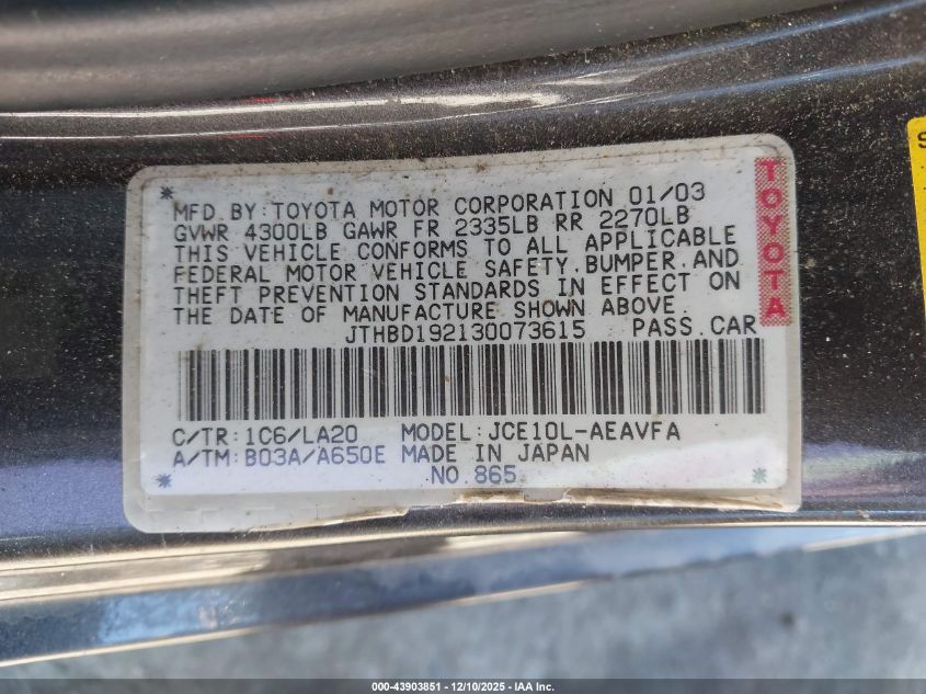 2003 Lexus Is 300 VIN: JTHBD192130073615 Lot: 43903851