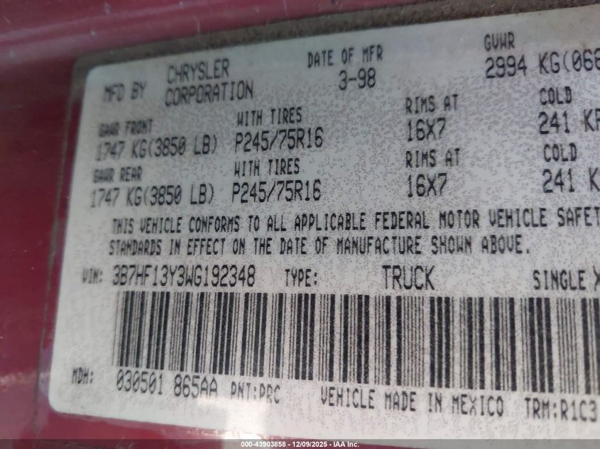 1998 Dodge Ram 1500 St VIN: 3B7HF13Y3WG192348 Lot: 43903858