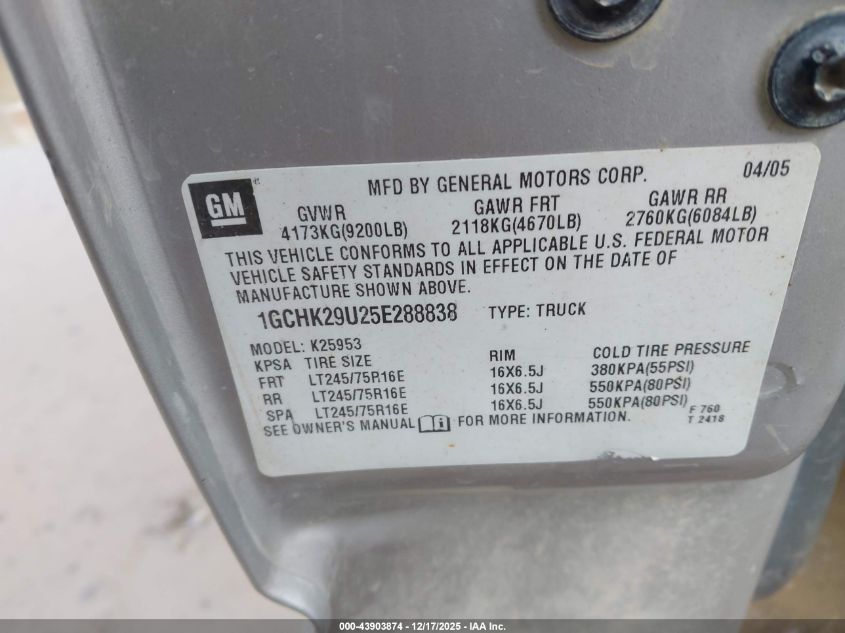 2005 Chevrolet Silverado 2500Hd Work Truck VIN: 1GCHK29U25E288838 Lot: 43903874