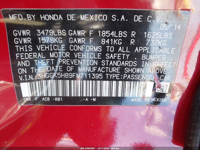 2015 Honda Fit Ex/Ex-L VIN: 3HGGK5H89FM711395 Lot: 43903881