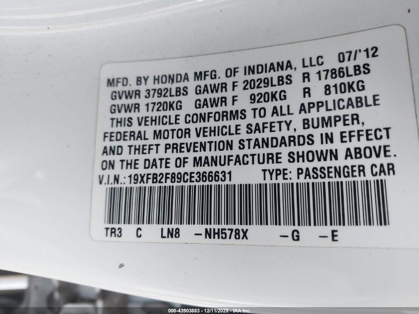2012 Honda Civic Ex VIN: 19XFB2F89CE366631 Lot: 43903883