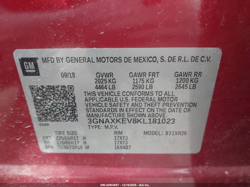 2019 Chevrolet Equinox Lt VIN: 3GNAXKEV8KL181023 Lot: 43903887