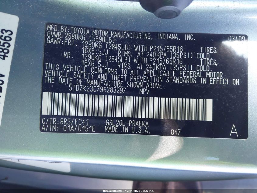 2009 Toyota Sienna Le VIN: 5TDZK23C79S283297 Lot: 43903896