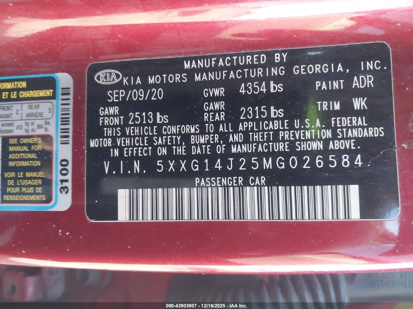 2021 Kia K5 Lxs VIN: 5XXG14J25MG026584 Lot: 43903907