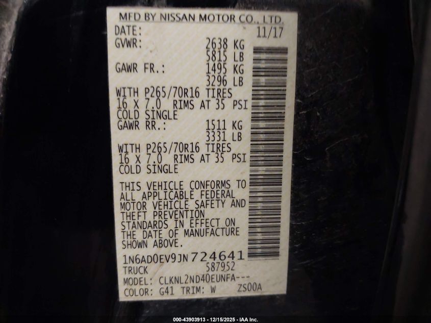 2018 Nissan Frontier Sv VIN: 1N6AD0EV9JN724641 Lot: 43903913