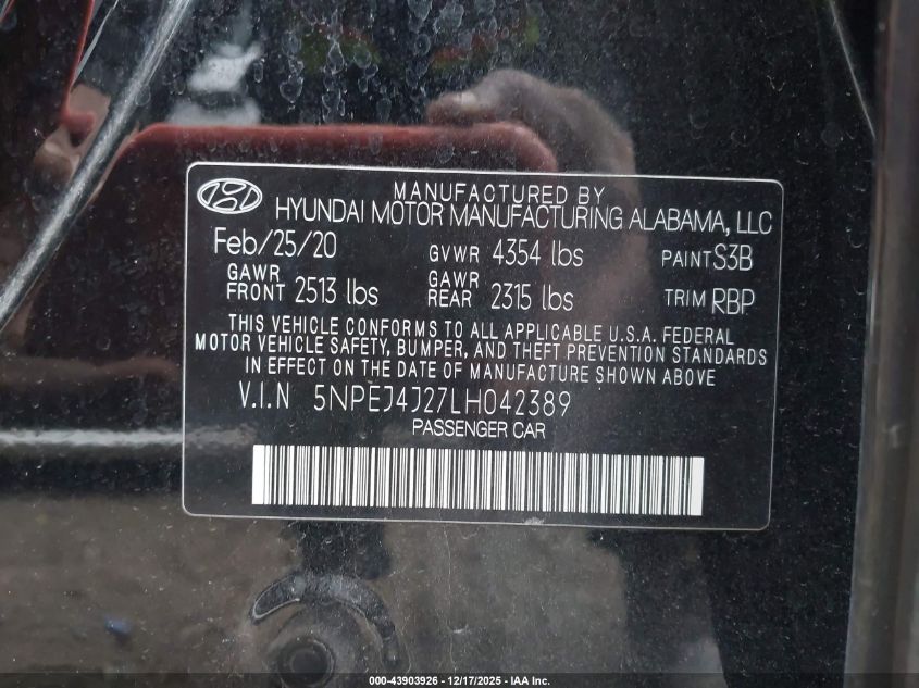 2020 Hyundai Sonata Sel Plus VIN: 5NPEJ4J27LH042389 Lot: 43903926