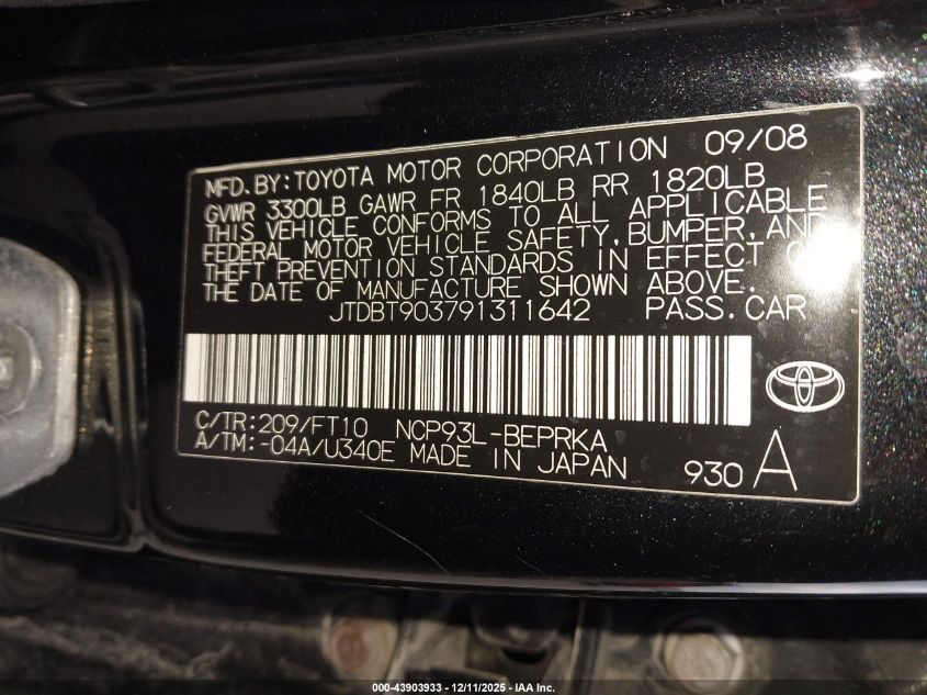 2009 Toyota Yaris S VIN: JTDBT903791311642 Lot: 43903933