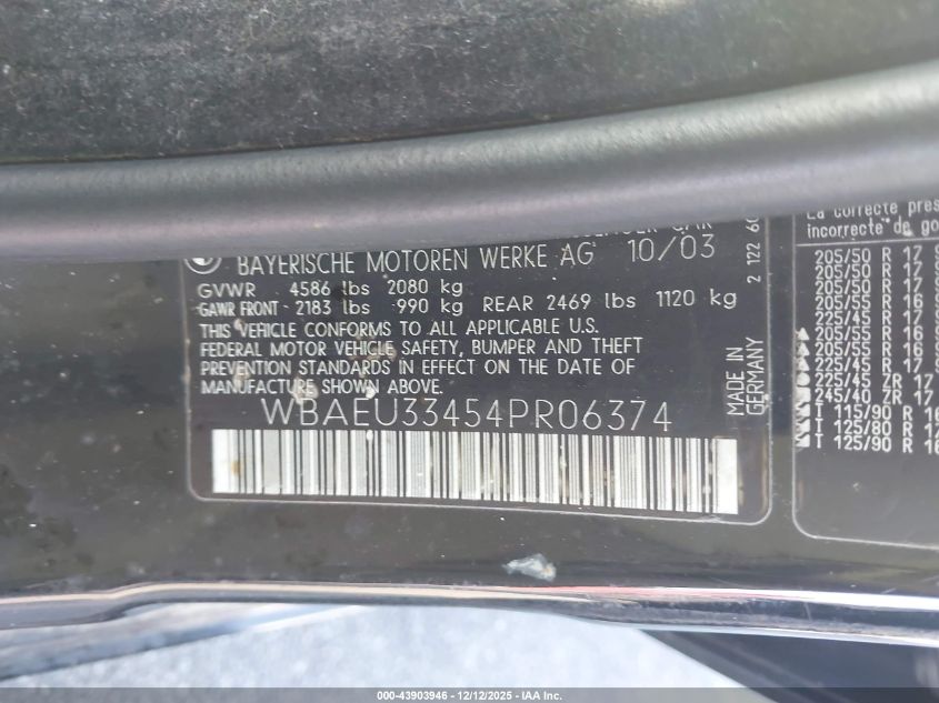2004 BMW 325Xi VIN: WBAEU33454PR06374 Lot: 43903946