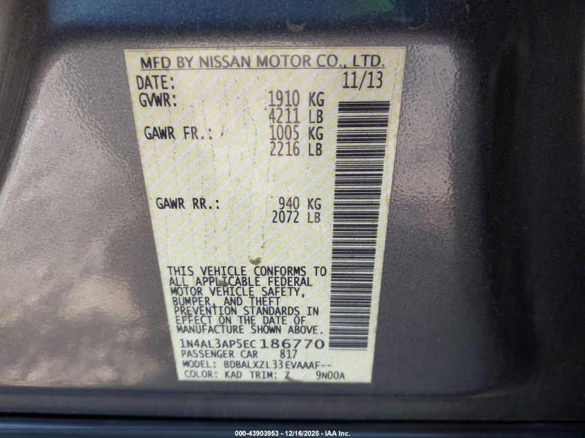 2014 Nissan Altima 2.5 Sl VIN: 1N4AL3AP5EC186770 Lot: 43903953