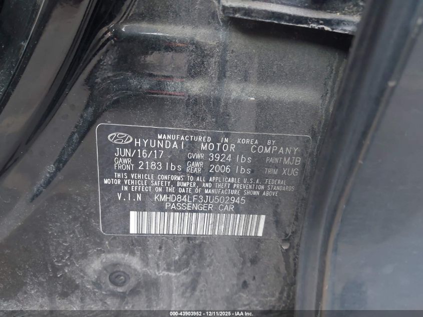 2018 Hyundai Elantra Sel VIN: KMHD84LF3JU502945 Lot: 43903952