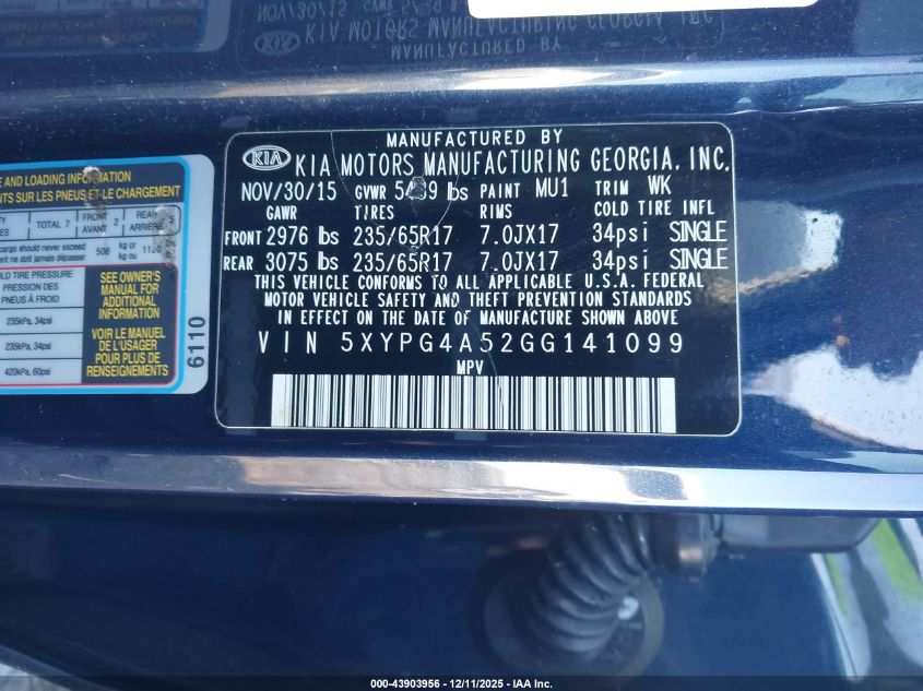2016 Kia Sorento 3.3L Lx VIN: 5XYPG4A52GG141099 Lot: 43903956