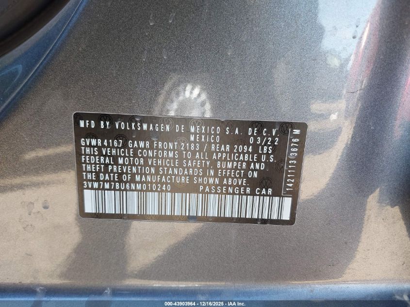 2022 Volkswagen Jetta 1.5T Se VIN: 3VW7M7BU6NM010240 Lot: 43903964