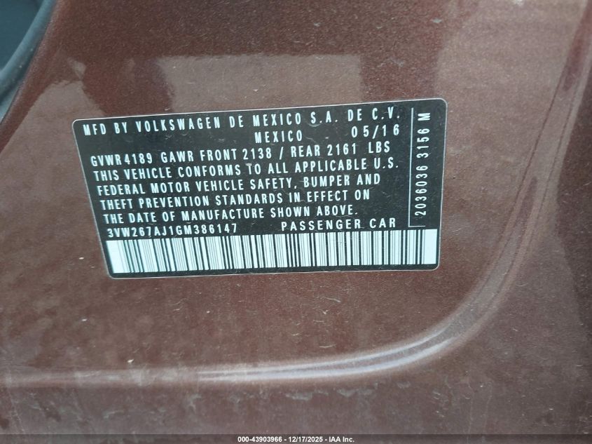 2016 Volkswagen Jetta 1.4T S VIN: 3VW267AJ1GM386147 Lot: 43903966