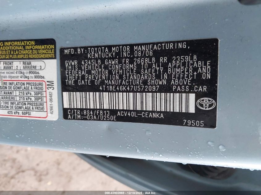 2007 Toyota Camry Le VIN: 4T1BE46K47U572097 Lot: 43903969