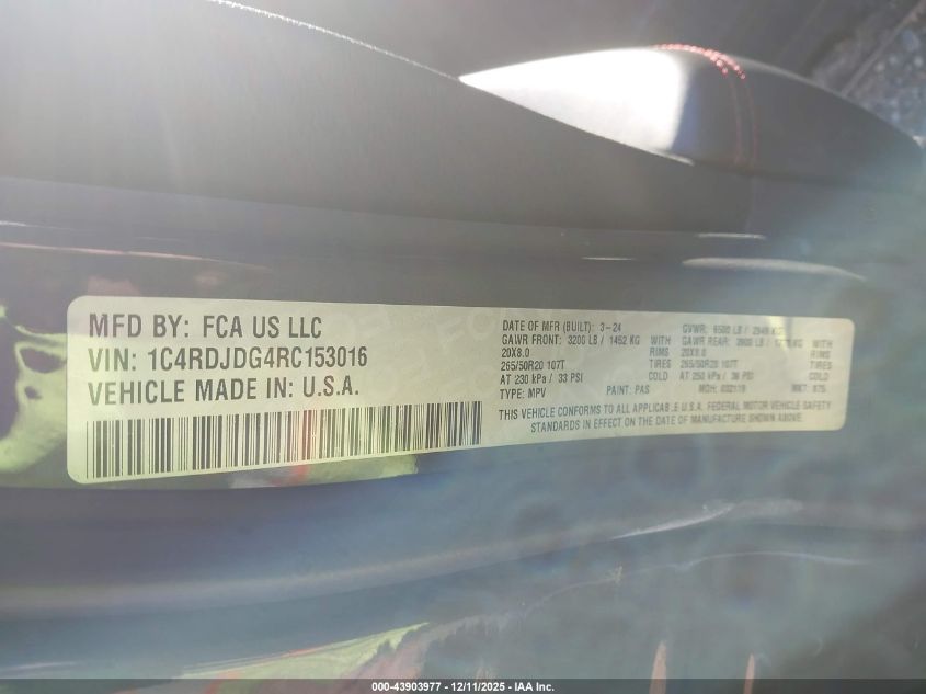 2024 Dodge Durango Gt Plus Awd VIN: 1C4RDJDG4RC153016 Lot: 43903977