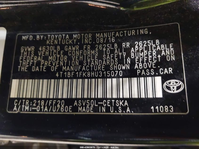 2017 Toyota Camry Se VIN: 4T1BF1FK8HU315070 Lot: 43903979