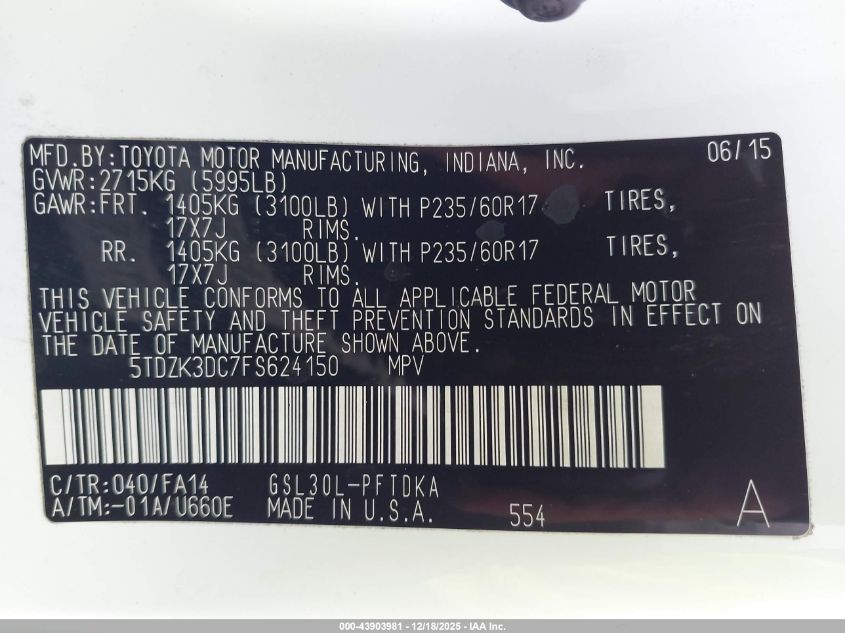 2015 Toyota Sienna L 7 Passenger VIN: 5TDZK3DC7FS624150 Lot: 43903981