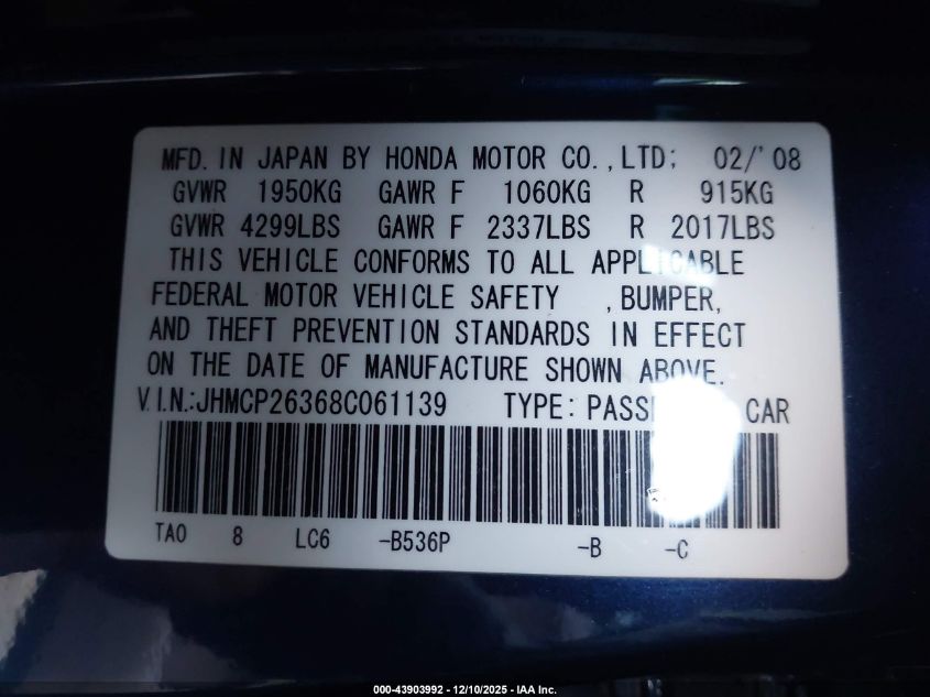2008 Honda Accord 2.4 Lx VIN: JHMCP26368C061139 Lot: 43903992