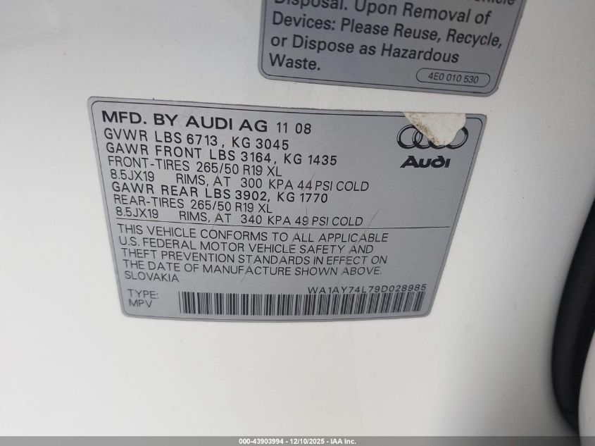 2009 Audi Q7 3.6 Premium VIN: WA1AY74L79D028985 Lot: 43903994