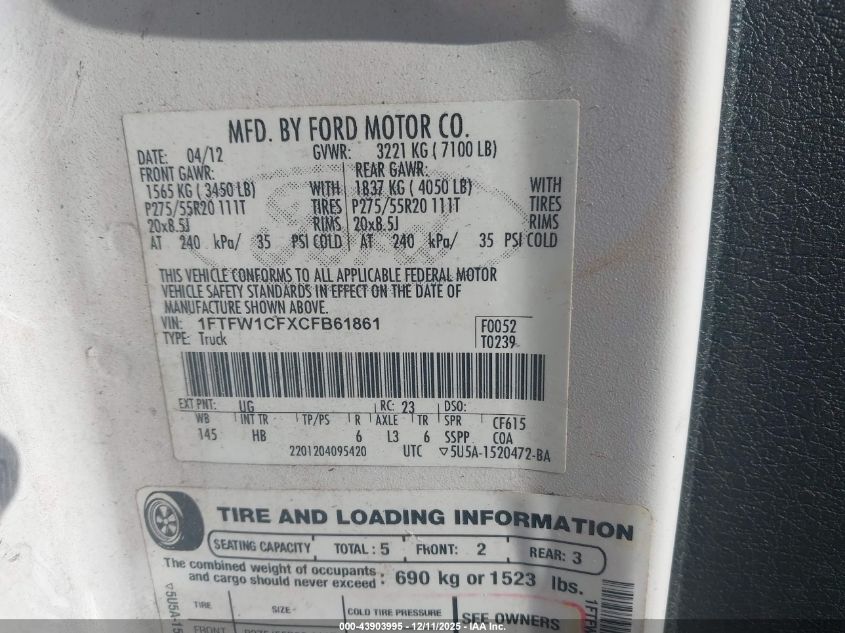 2012 Ford F-150 Lariat VIN: 1FTFW1CFXCFB61861 Lot: 43903995